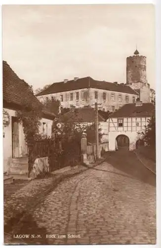 AK, Lagow Neumark, Łagów, Straßenpartie mit Blick zum Schloß, 1934