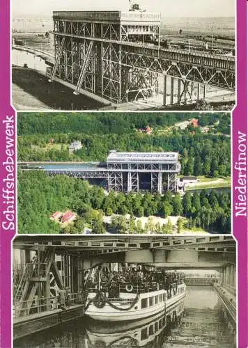Ansichtskarte, Niederfinow Kr. Eberswalde, Schiffshebewerk, drei Abb., um 2000