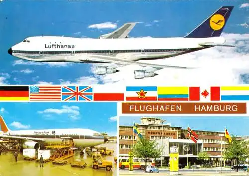 Ansichtskarte, Hamburg, Flughafen Hamburg, drei Abb., Flaggen, 1980