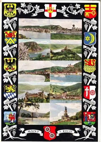 Ansichtskarte, Der Rhein zwischen Koblenz und Mainz, 10 Abb. und Ortswappen, 1960