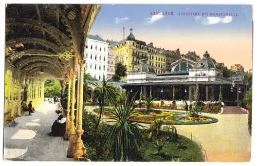 AK, Karlsbad, Karlovy Vary, Stadtpark mit Wandelhalle, um 1912