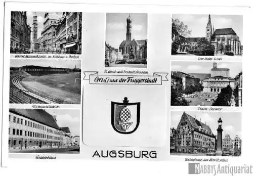 AK mit inneliegendem Leporello, Augsburg, sieben Abb., 1960