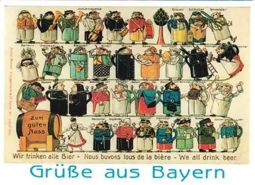 Ansichtskarte, Grüße aus Bayern, Biertrinker, um 1986