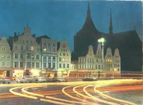 Ansichtskarte, Rostock, Ernst-Thälmann-Platz, Nachtaufnahme, 1967