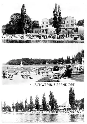 AK, Schwerin - Zippendorf, drei Abb., Strandhotel, Badestrand, 1977