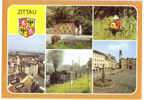 Ansichtskarte, Zittau, fünf Abb. und Wappen, 1987