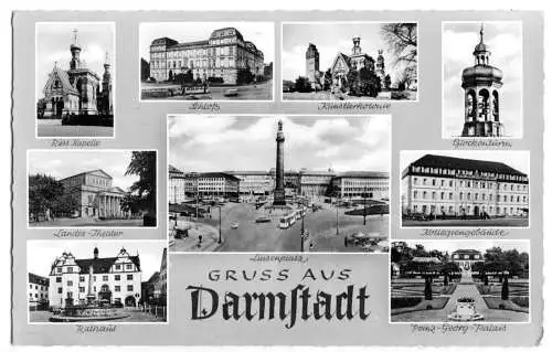 Ansichtskarte, Darmstadt, neun Abb., um 1960