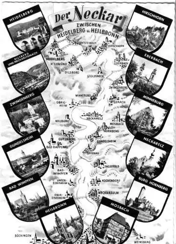 AK, Der Neckar zwischen Heidelberg und Heilbronn, 12 Abb. und Landkarte, um 1968