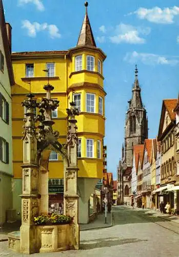 AK, Reutlingen, Wilhelmstr. mit Lindenbrunnen und Marienkirche, um 1972