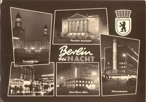 AK, Berlin bei Nacht, fünf Abb., gestaltet, 1963