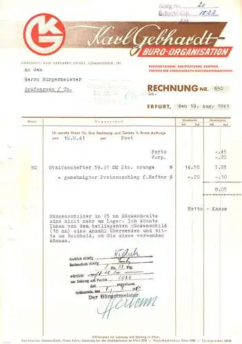 Rechnung, Fa. Karl Gebhardt Büro-Organisation, Erfurt, 19.8.41