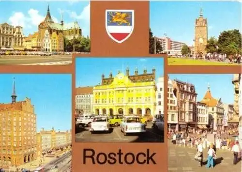 AK, Rostock, 5 Abb., u.a. Rathaus, und Wappen, 1980