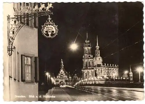 AK, Dresden, Blick zur Hofkirche, Nachtansicht, 1964