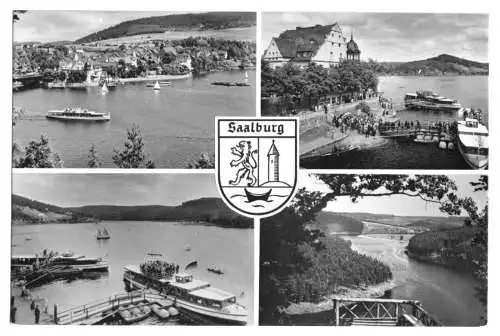 AK, Saalburg Saale, vier Abb., Wappen, Am Stausee der Bleiloch-Talsperre, 1959