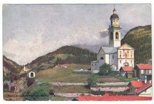 AK, Kirche bei Tiefencastel, Graubünden, Künstlerkarte, um 1910