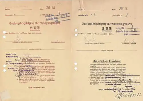 zwei Empfangsbescheinigungen über Rundfunkgebühren, 1938, mit Werbedrucksachen