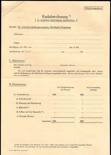 Abrechnungsformular für eine Arbeitsbeschaffungsmaßnahme (4-fach) aus 1934