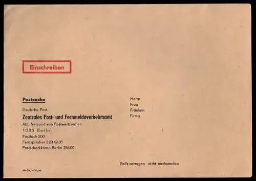 drei blanko Postsachenumschläge, Versandstelle für Postwertzeichen, DDR, 1990