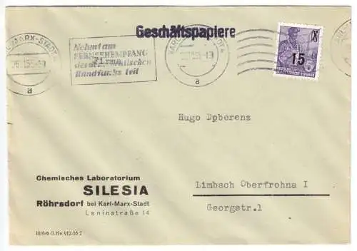 Bedarfspost, Mi.-Nr. DDR 438 EF, Fa. Silesia, Röhrsdorf, o Karl-Marx-Stadt, 1955