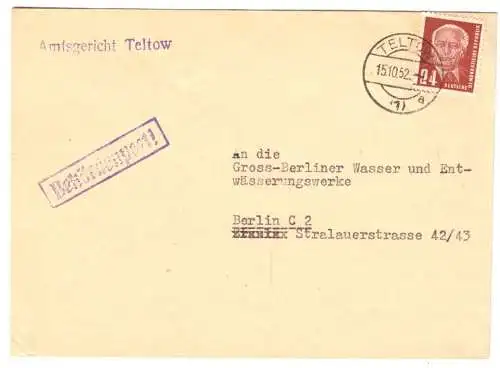 Bedarfsbrief, Behördenpost, Amtsgericht Teltow, Michel Nr. DDR 252 EF, 15.10.52