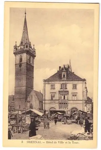 AK, Obernai, Bas-Rhin, Hotel de Ville et la Tour, Rathaus und Markt, um 1920