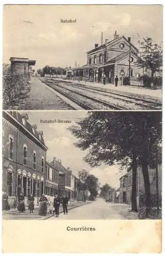 AK, Courrières, Pas-de-calais, Bahnhof - Bahnseite, Bahnhofstr., belebt, 1916