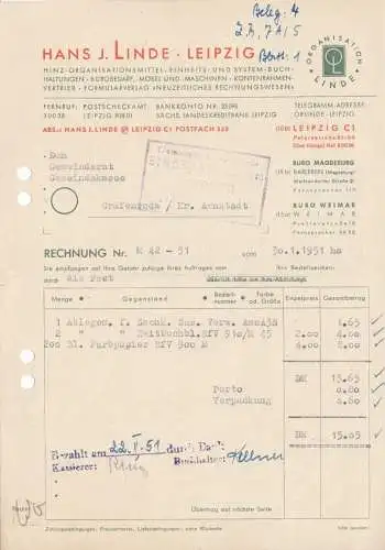 Rechnung, Fa. Hans. J. Linde, ... Bürobedarf ..., Leipzig C 1, 30.1.51