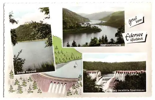 AK, Edersee, Gruß vom Edersee Waldeck, drei Abb., gestaltet, um 1965