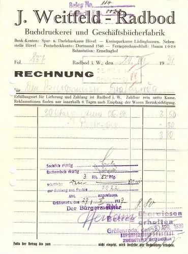 Rechnung, Fa. J. Weitfeld, Buchdruckerei, Radbod i. Westf., 24.7.39