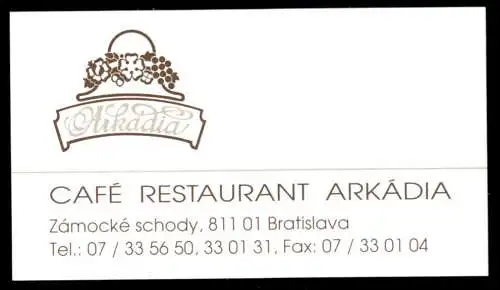 Visitenkarte, Bratislava, Gaststätte Arkadia, um 2000