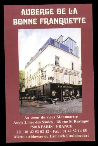 Hotelkarte, Paris, Auberge de la Bonne Franquette, um 2008