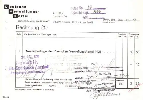 Rechnung, Deutsche Verwaltungskartei, Berlin W 8, Unter d. Linden 47, 30.11.1938