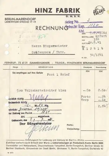 Rechnung, Hinz Fabrik GmbH, Berlin-Mariendorf, 06.06.1941