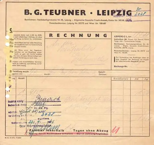 zwei Rechnungen, B. G. Teubner Verlag, Leipzig, 5.4.41 bzw. 10.4.43