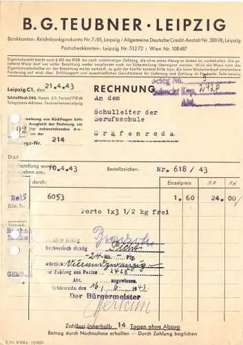 zwei Rechnungen, B. G. Teubner Verlag, Leipzig, 5.4.41 bzw. 10.4.43