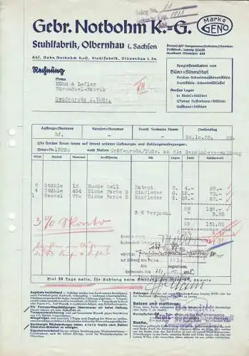 Rechnung, Gebr. Notbohm KG, Stuhlfabrik, Olbernhau Sa., 20.10.38