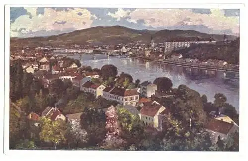 AK, Linz a. D., Teilansicht, Künstlerkarte, ca. 1924