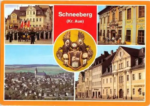 AK, Schneeberg Kr. Aue, fünf Abb., gestaltet, u.a. Sparkasse, 1985