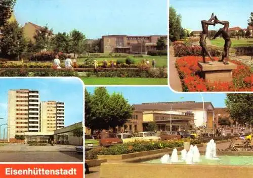 AK, Eisenhüttenstadt, vier Abb., gestaltet, u.a. V. Wohnkomplex, 1985