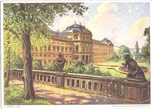 AK, Würzburg, Residenz Gartenseite, Künstlerkarte, 1953