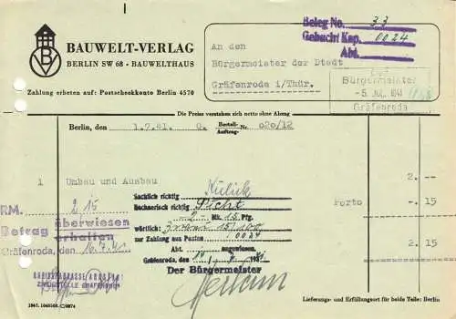 Rechnung, Bauweltverlag, Berlin SW 68, Bauwelthaus, 1.7.41