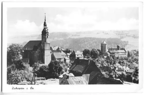 Ansichtskarte, Zschopau Sa., Teilansicht mit Kirche, 1963