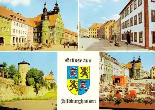 Ansichtskarte, Hildburghausen Thür., vier Abb. und Wappen, 1980