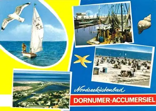 Ansichtskarte, Nordseeküstenbad Dornumer-Accumersiel, vier Abb., gestaltet, um 1978