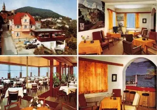 Ansichtskarte, Lindenfels Odw., Pension Gaststätte "Haus Burgfrieden", vier Abb., um 1972