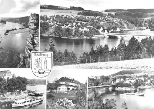 Ansichtskarte, Saalburg Saale, fünf Abb. und Wappen, 1983