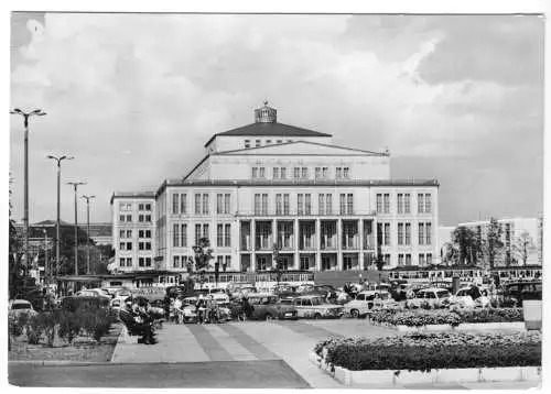 AK, Leipzig, Opernhaus am Karl-Marx-Platz, zeitgen. Pkw, 1964