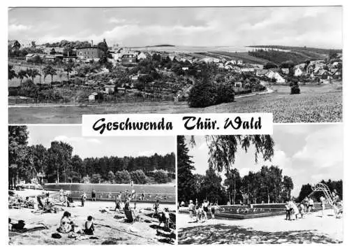 AK, Geschwenda Thür. Wald, drei Abb., Gesamtansicht und Freibad (2), 1971