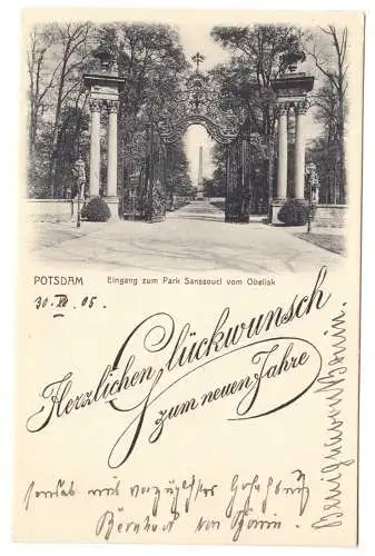 AK,  Potsdam, Park Sanssouci, Eingang vom Obelisk, Neujahrskarte, 1905