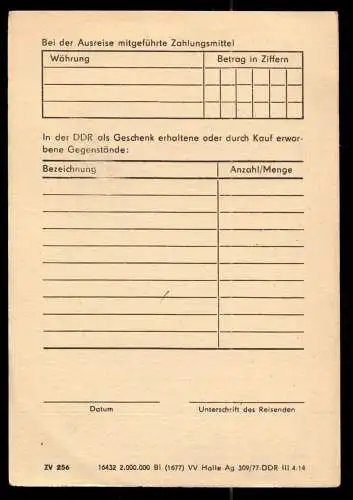 Grenzdokumente zur Ein- und Ausreise in die DDR und Zollerklärung, blanko, 1980